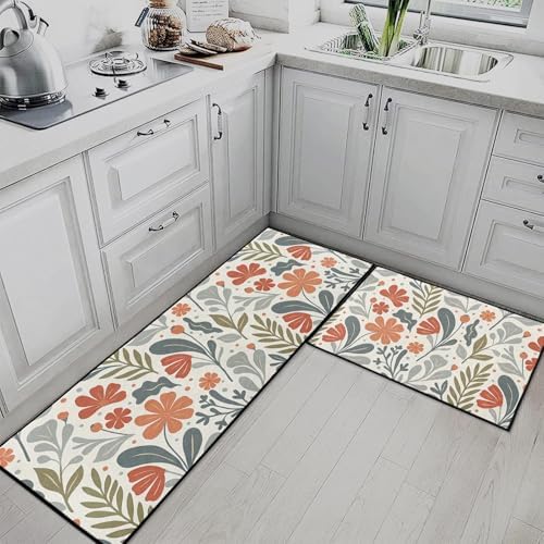 Kitchen Rugs Set of 2 Non Slip WashableFloral Boho - Image 2