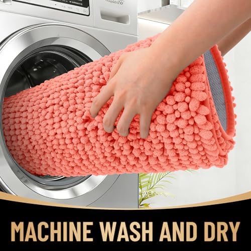 OLANLY Thick Chenille Bathroom Runner Rugs 59x20, Absorbent Bath Mat, Coral - Image 4