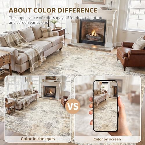UERMEI 8x10 Area Rug Living Room Rugs - Washable Neutral Modern Abstract Soft Thin Large Rug Indoor Floor No Slip Rug Carpet for Bedroom Under Dining Table Home Office Decor - Golden Grey - Image 4