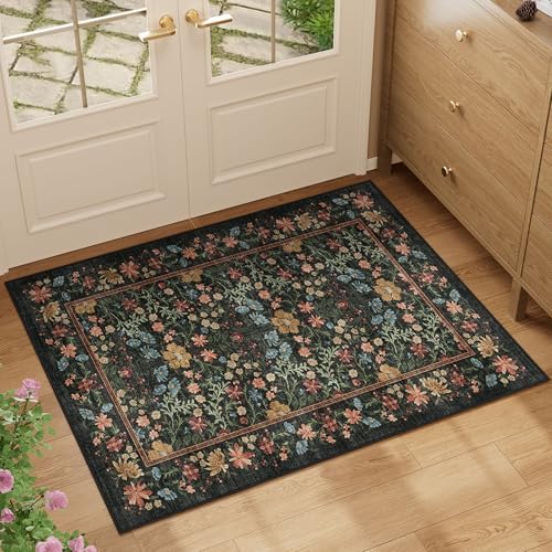 DUKINO 2x3 Entryway Rug, Washable Vintage Floral Area Rug, Black - Image 3