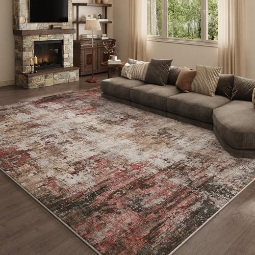 9x12 Rust Red Multi Washable Area Rug for Living Room, Vintage Print by Unknown