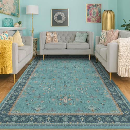 Washable 5x8 Teal Rug for Living Room, Boho Area Rugs for Bedroom Under Bed, Modern Floral Low-Pile Non Skid Carpet for Dining Room Under Table, Stain Resistant Vintage Home Décor by HazoHaus