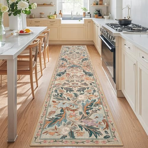 nesrt Birds Runners for Hallways Kitchen Rug Non Slip 2x10, Soft Washable Boho Jungle Long Runner Rugs, Botanical Floral Forest Birds Carpet for Hall Laundry Bedroom Farmhouse Decor (Beige) by nesrt
