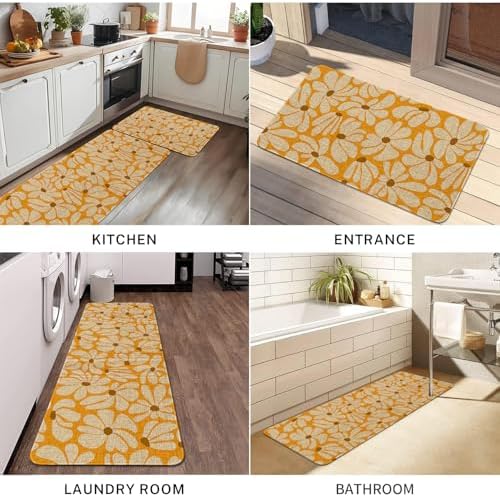 Spring Daisy Floral Kitchen Mats Decor, Yellow Retro Groovy Flower Power Kitchen Rugs Sets of 2, Vintage 1970s Floral Rug Home Decorations Indoor - Image 7