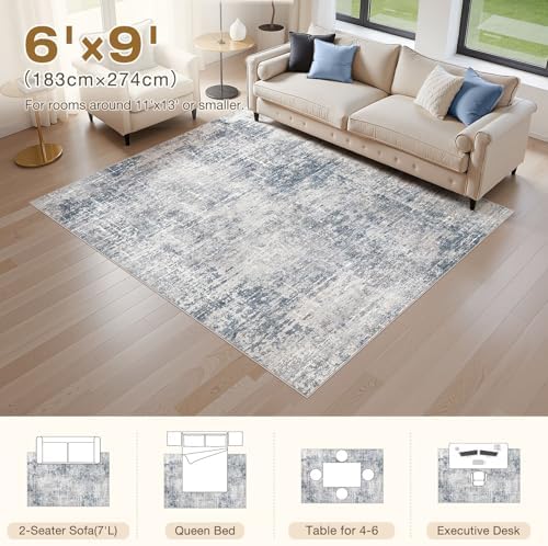 kakania Abstract 6x9 Area Rugs for Living Room: Washable Rugs Blue Grey - Image 2