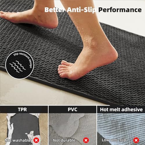 TYUU Black Bathroom Runner Rugs, Long Bath Mat Runner Washable Thin Quick Dry Low Pile Bathroom Runner Rugs Non Slip, Black 16''x60'' - Image 3