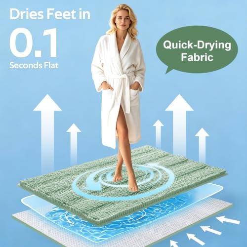 Christmas Striped Sage Green Bathroom Rug Mat Set 2 piece 24"x17"+48"x20" Ultra Soft, Non Slip Chenille Bath Rugs, Absorbent Plush Shaggy Bath Mats for Bathroom, Bedroom, Kitchen, Shower, Tub - Image 3