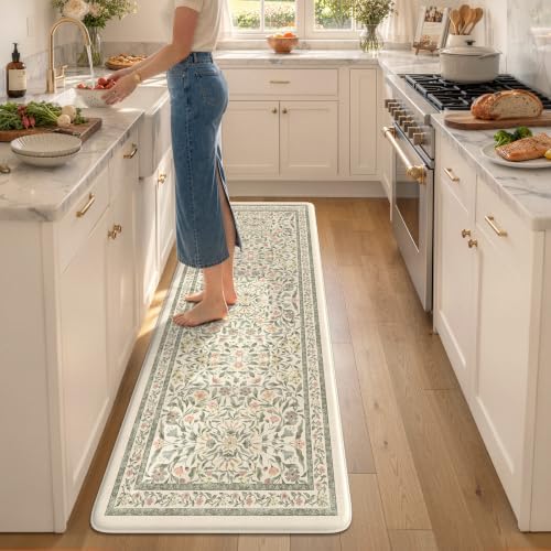 KIMODE Kitchen Mats Cushioned Anti Fatigue, Farmhouse Flower Kitchen Runner Rug, Modern Kitchen Mats for Floor, Padded Kitchen Floor Mats, Beige Home Decor for Sink Laundry Office Bedroom 24"x71" by StayinComfortCookwithJoy