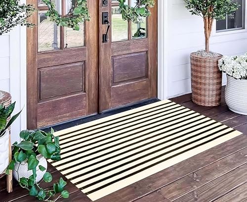 Fall Striped Outdoor Rug 2'x4.3'Black and Beige Layering Front Porch Rug by BUAGETUP