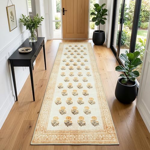 Non Slip 2x6 Kitchen Runner Rug Washable, Hallway Runner Rugs, Boho Vintage Floral Beige Brown Non Skid Carpet Stain Resistance Ultra Soft Low Pile for Entryway, Bathroom Mats for Floor - Image 4