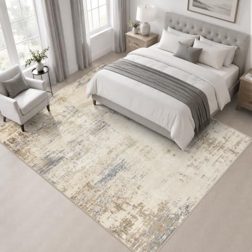 Area Rug Living Room: 4x4 Modern Washable Soft Carpet Beige Brown - Image 3