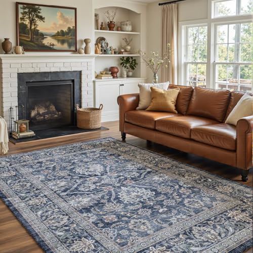 5x7 Grey Blue Washable Area Rug for Living Room, Vintage Print by Unknown