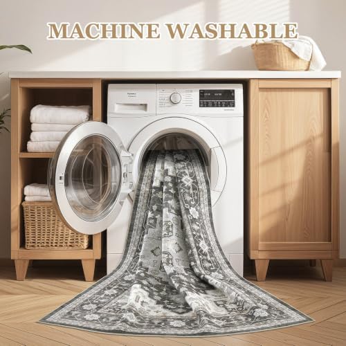 Area Rugs 9x12 Living Room: Washable Vintage Gray Taupe Rug - Image 4