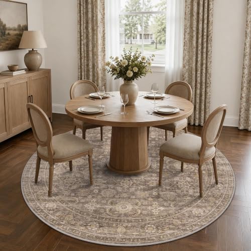JOOJA 6x6 Tan Vintage Soft Low Pile Washable Boho Round Living Room Rug - Image 3