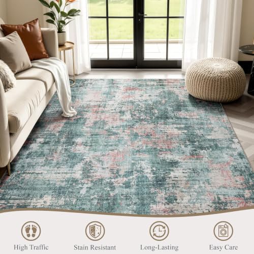 Sasttie 4x6 Washable Area Rug, Modern Abstract Carpet, Pink & Green - Image 2