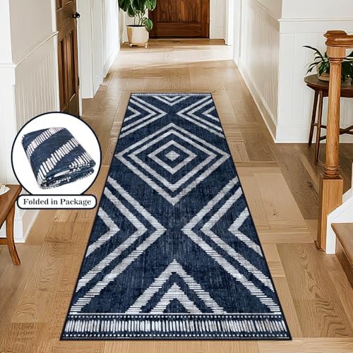 Boho Runner Rugs for Hallway 2x6ft Non Slip, Navy Blue Washable Kitchen Rug Runner, Soft Moroccan Low Pile Geometric Farmhouse Laundry Floor Carpet for Entryway Bedroom Bathroom - Image 4