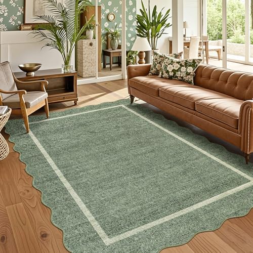 GarveeHome Scalloped 3x5 Area Rug Washable Rug for Entryway Greyish Green by GarveeHome