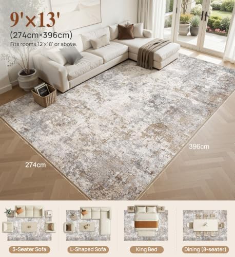 UERMEI 9x13 Area Rug Living Room Rugs Washable Neutral Brown Grey Carpet - Image 3