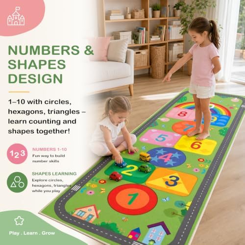 Hop and Count Hopscotch Rug for Kids, Educational Classroom Rugs with Geometric Shapes Number, Non Slip Kids Play Mat Rug Game Carpet for Bedroom Nursery Daycare Boy Girl - Green, 24''x72'' - Image 4