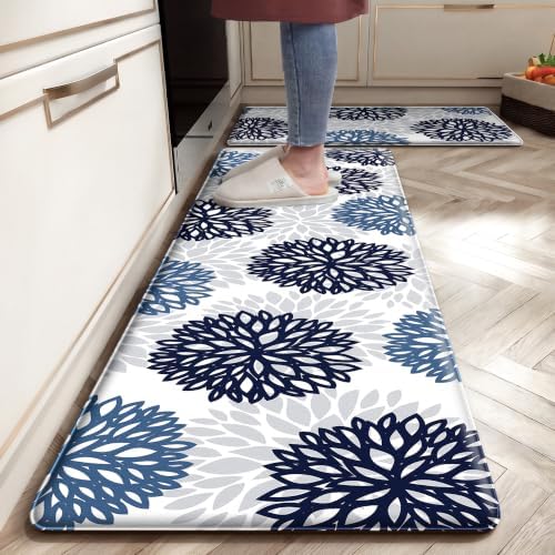 Kitchen Mats Set of 2 Cushioned Anti Fatigue Kitchen Rugs Non Slip Waterproof Runner Memory Foam Kitchen Floor Mat Comfort Standing Mat for Sink, Office, Laundry, Navy Teal by tubeamin