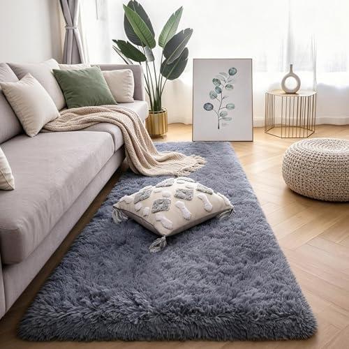 KICHOWUA Grey Fluffy Shag Rug 2x6, 2 Pcs Soft Plush Fuzzy Washable Non Slip - Image 2