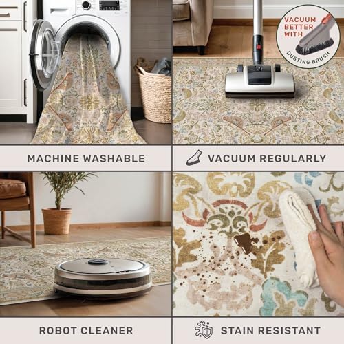 Washable Living Room Rug 8x10 - Country Style Beige Floral Area Rugs for Bedroom Under Bed, Dining Room Table Rug, Stain Resistant Non-Slip Neutral Farmhouse Décor with Light Blue and Green Accent - Image 4