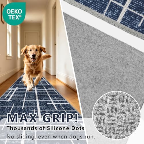 Non Slip Hallway Runner Rug 2x10, Blue Modern Distressed Stripe, Washable Long Rug, Woven Thin Low Pile Carpet Runners for Hallway 10ft Entryway, Kitchen, Walkway- Blue - Image 6