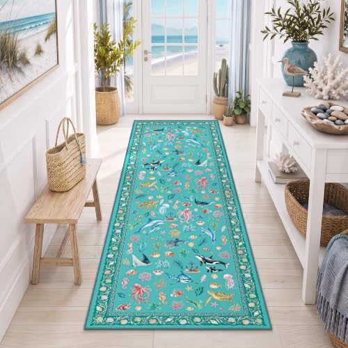Arenarug Coastal Runner Rug 2x6 Washable Kitchen Runner Rug, Teal - Image 2