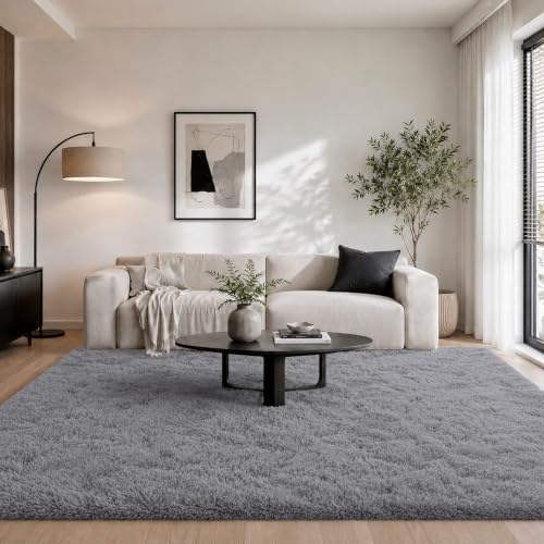 6x9 Ft Grey Fluffy Area Rug for Living Room, Soft Washable Carpet by OHWPEAT