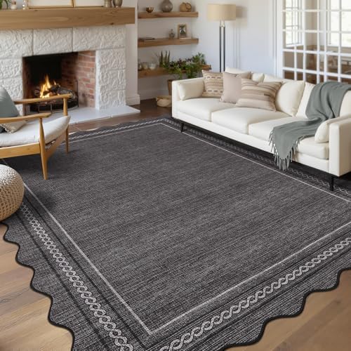 GarveeHome Scalloped Washable 5x7 Area Rugs for Living Room Non Slip, Black by GarveeHome