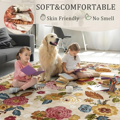 Washable 5x7 Area Rug, Beige Boho Floral Non-Slip for Living Room, Bedroom - Image 3