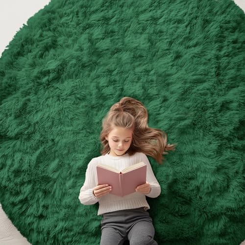 OLANLY Dark Green Round Rugs for Bedroom - Machine Washable, 8 ft Circle Area Rugs for Living Room, Soft and Fluffy Shaggy Carpet for Teen Girls and Boys, Nursery Rooms, Dorms, Home Decor Aesthetic by OLANLY