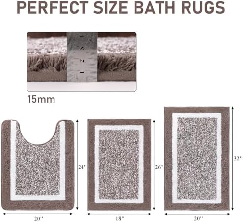 Pauwer 3 Piece Bathroom Rug Set, Non Slip Washable Bath Mat, Coffee - Image 2