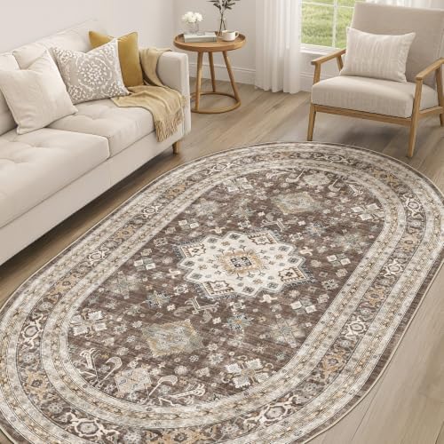 5x8 Ellipse Area Rug for Living Room, Washable, Traditional, Dark Brown by COTILED