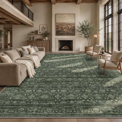 JOOJA 10x12 Dark Green Vintage Floral Low Pile Non Slip Washable Area Rug - Image 2