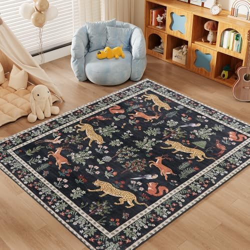 9x12 Black Animal Washable Area Rug for Living Room, Vintage Print - Image 4