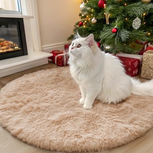 OLANLY Beige Round Rugs for Bedroom - Machine Washable, 3 ft Circle Area Rugs for Living Room, Soft and Fluffy Shaggy Carpet for Teen Girls and Boys, Nursery Rooms, Dorms, Home Decor Aesthetic by OLANLY
