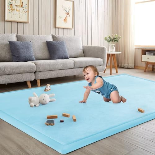 Baby Play Mat for Floor Nursery Muscle Area Rug Playroom Rug 74x50" Elastic Foam 1.3" Thick Crawling Mat for Babies,Toddlers, Infants(Ice Blue) by ILPEOD