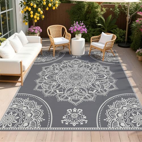 Pauwer Waterproof Outdoor Rug 8x10, Plastic Straw Patio Mat, Floral Grey by Pauwer