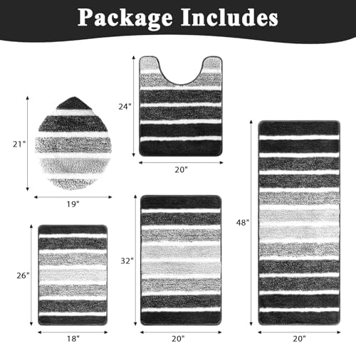 Yamaziot Black Bathroom Rug Set 5 Piece Washable Non Slip Striped Bath Mat - Image 2