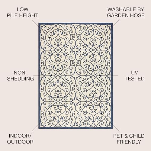 JONATHAN Y Vintage Filigree Indoor Outdoor Area Rug 5X8 Navy/Beige, Madrid Textured Weave for Backyard, Patio, Porch, Easy-Cleaning, High Traffic, Pet-Friendly, Non-Shedding (SMB107G-5) - Image 2