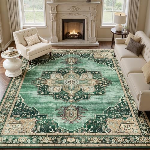8x10 Green Area Rugs for Living Room Bedroom, Vintage Washable Rug by Vibrug