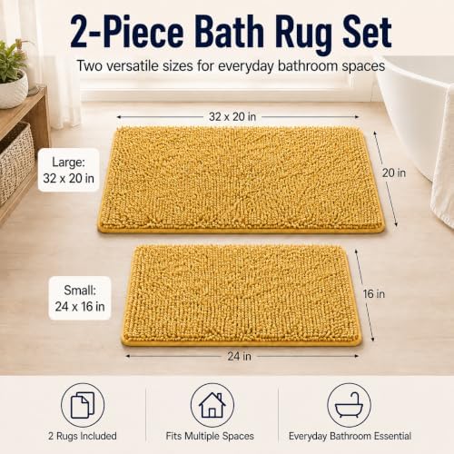Bathroom Rugs Sets 2 Piece Extra Soft Chenille Bathroom Mats Non Slip Bath Mat Set,Absorbent Shaggy Rugs Perfect Plush Bath Rugs with U-Shaped Toilet Rug,Bathrom Carpets for Bathroom Gold - Image 2