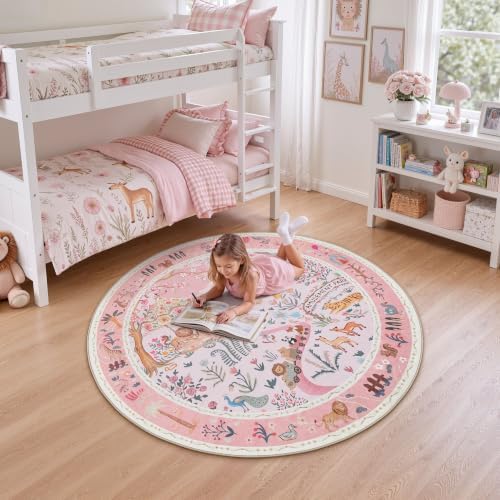 Tribesigns Animal Floral Round Rugs 6ft Washable Kids Rug, Soft Cute Circle Nursery Rugs for Girls Bedroom, Non-Slip Low Pile Indoor Zoo Carpet Rugs for Kids Playroom Living Room, Pink/6' Round - Image 2
