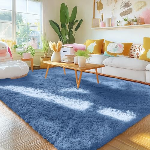 OLANLY Area Rugs for Living Room Bedroom, Machine Washable 4x5.9 ft Soft Fluffy Shaggy Bedside Rug, Indoor Floor Carpet for Kids Girls and Boys, Dorms, Nursery Rooms, Home Decor Aesthetic, Blue - Image 3
