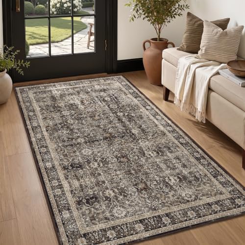 Washable Area Rug 3'x5' Entryway, Vintage MCM, Black/Brown/Beige by Jainmy