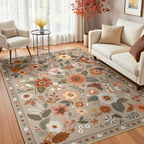 RELEANY Floral Washable 4x6 Area Rugs Brown/Brick - Image 2