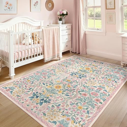 Floral Area Rug 5x7 Washable Botanical Carpet for Living Room - Image 4
