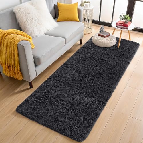 OLANLY 3x12 Machine Washable Runner Rugs for Hallway, Soft Fluffy Shaggy Bedside Rugs for Bedroom, Living Room, Indoor Floor Carpet for Kids Girls and Boys, Nursery Rooms, Home Decor Aesthetic, Black by OLANLY
