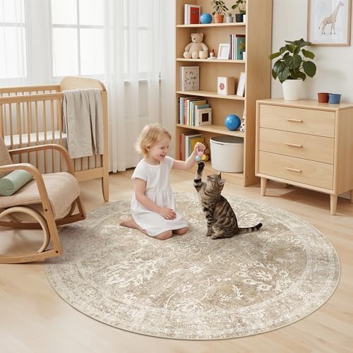 Madane Washable Round Rug 5ft for Living Room,Soft Neutral Rug Beige/Brown - Image 4